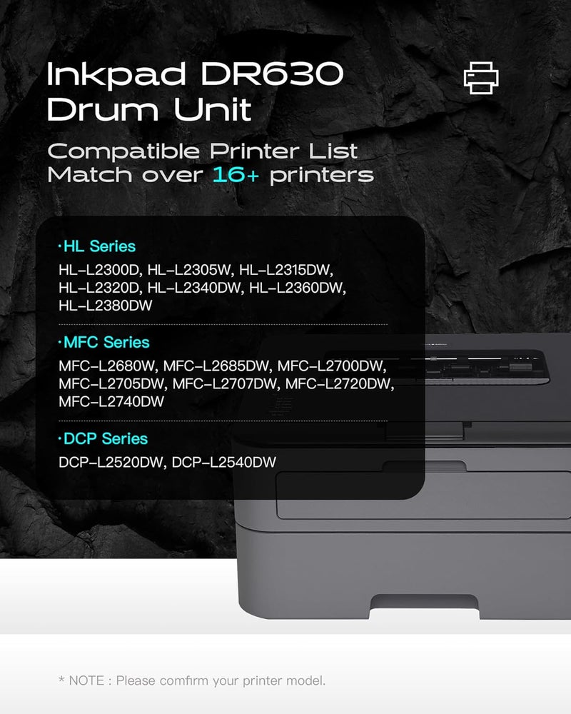 iNKPAD DR630 Drum Replacement for Brother DR-630 DR630 Compatible with MFC-L2700dw MFC-L2705DW HL-L2300D HL-L2340DW HL-L2360DW HL-L2380DW DCP-L2520DW DCP-L2540DW Printer (2 Black, Not Toner) - Image 3